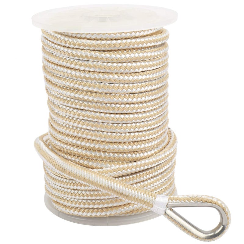 NovelBee 3/8 Inch X 200 Feet Double Braid Nylon Anchor Line with Stainless Steel Thimble and Plastic Chuck (White/Gold) - Image 2